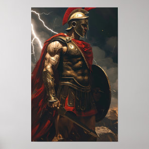 Greek Spartan Warrior Standing in Front of Lightni Poster