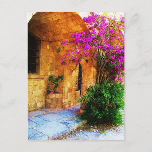 Greek stone house - old wooden door Bougainvillea Postcard