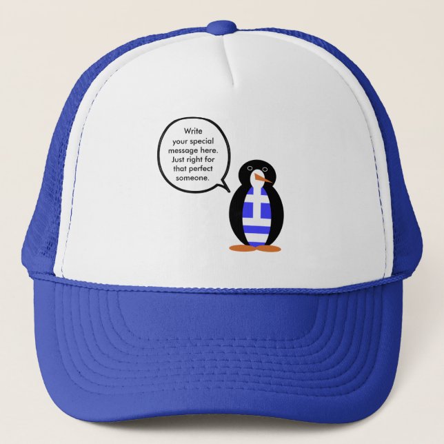 Greek Talking Penguin Flag Trucker Hat (Front)