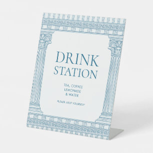 Greek toga party drink station with blue temple pedestal sign