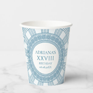 Greek toga party theme with blue pattern paper cups