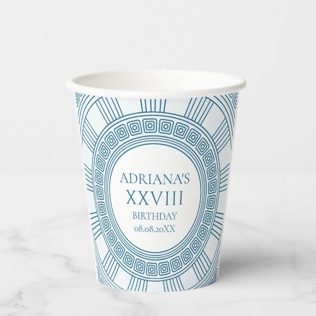 Greek toga party theme with blue pattern paper cups (Front)