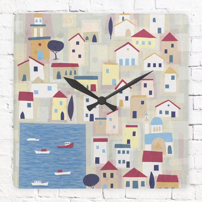 Greek Town Modern Contemporary Square Wall Clock (Halki Greece modern art clock)