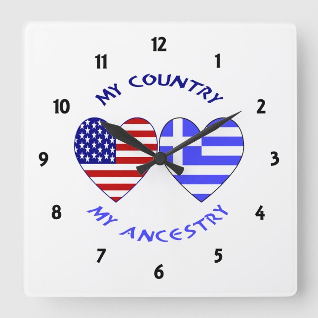 Greek USA Hearts Country Ancestry Square Wall Clock (Front)