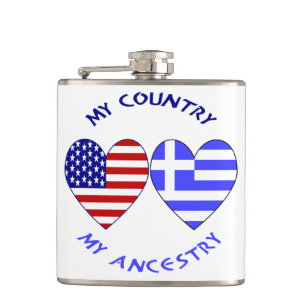 Greek USA Hearts Flag My Country My Ancestry Hip Flask