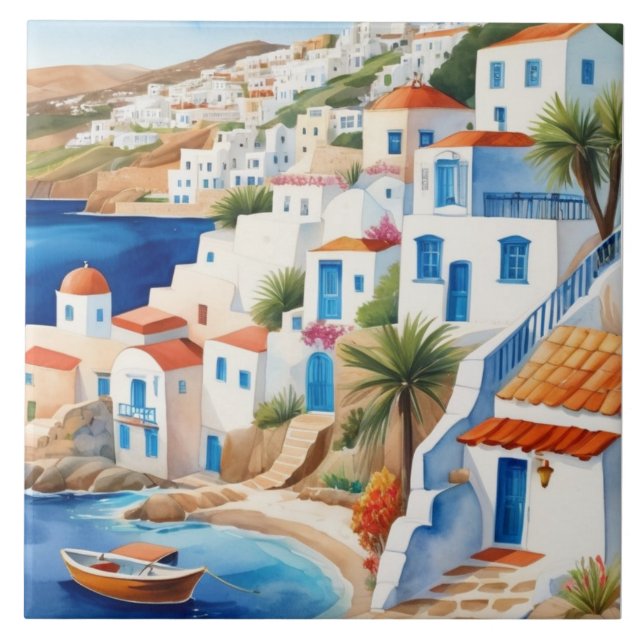 Greek Village by the Sea, Greece Travel Souvenir Ceramic Tile (Front)
