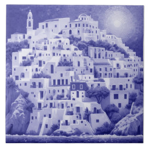 Greek Village Greece Sea Mountain Houses Blue Ceramic Tile