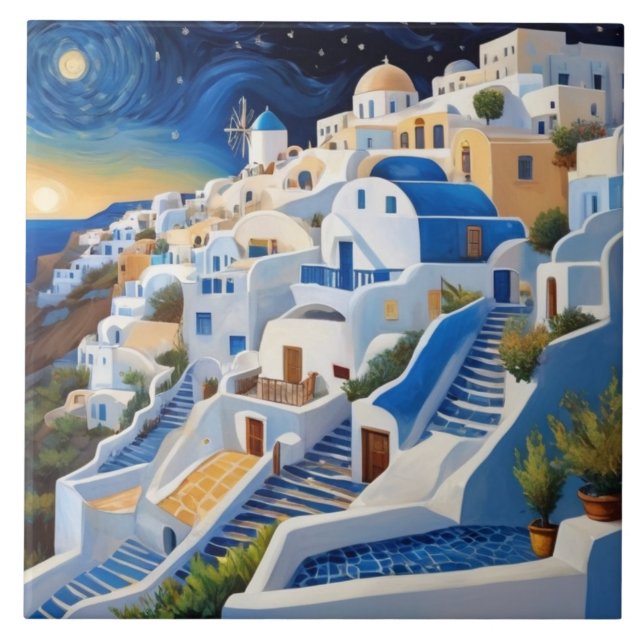 Greek Village on Hillside with windmill - Greece Ceramic Tile (Front)