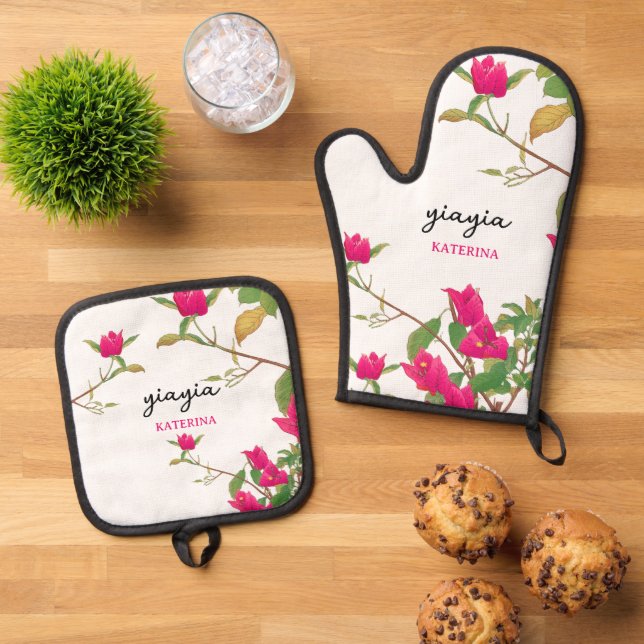 Greek Yiayia Greek Grandmother Bougainvillea Oven Mitt & Pot Holder Set (Top Down)