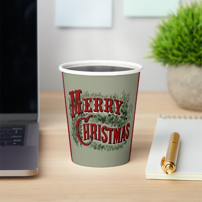 Green 1876 Merry Christmas Paper Cups (Insitu)
