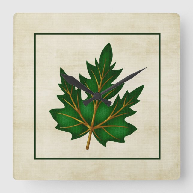 Green 1 Leaf Fall Season Themed Square Clock (Front)