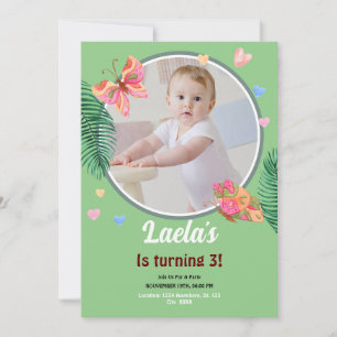 Green 1st Birthday Butterfly Invitation with Photo