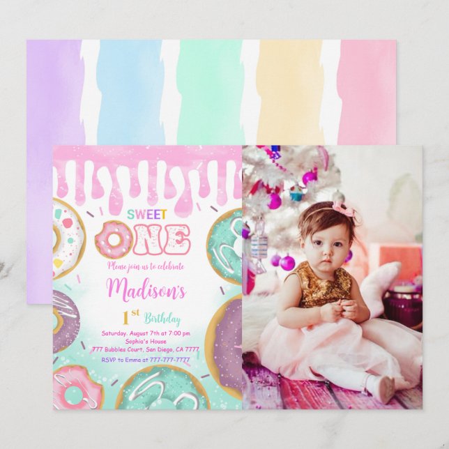 Green 1st Birthday Doughnut Party Photo Invitation (Front/Back)
