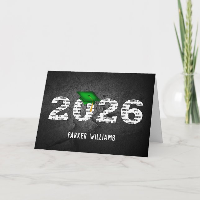 Green 2025 Graduation Cap On Black Rock Card (Front)