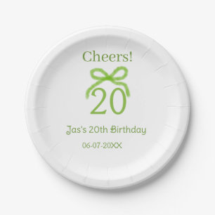 green 20th birthday bow watercolor name bold retro paper plate