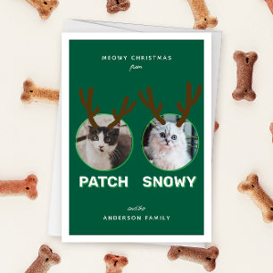 Green 2 Pet Photo Meowy Christmas Holiday Card