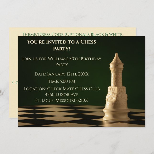 Green 30th Birthday Party Chess Rook  Invitation (Front/Back)