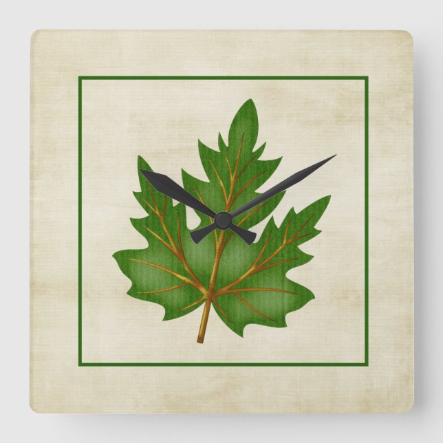 Green 3 Leaf Fall Season Themed Square Clock (Front)
