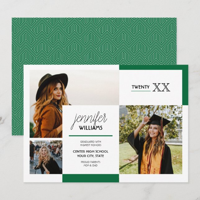 Green 3 Photo Graduation Announcement (Front/Back)