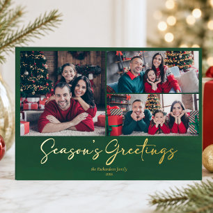 Green 3 Photo Seasons Greetings Christmas Foil Holiday Card