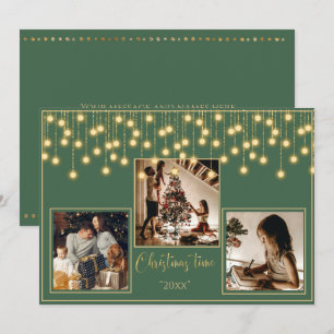 Green 3 Photos Christmas Time Gold Holiday Card