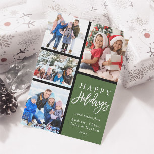 Green 4 Photo Collage Modern Happy Holidays Holiday Card