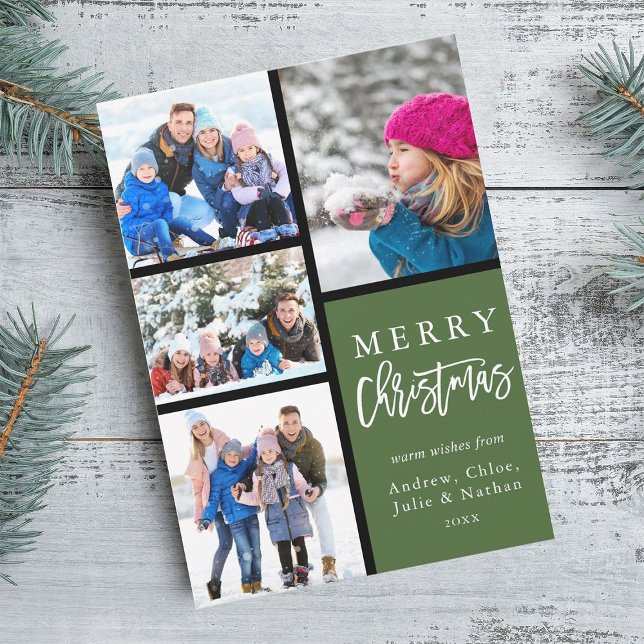 Green 4 Photo Collage Modern Merry Christmas Holiday Card (Creator Uploaded)