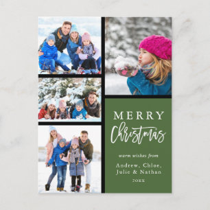 Green 4 Photo Collage Modern Merry Christmas Holiday Postcard
