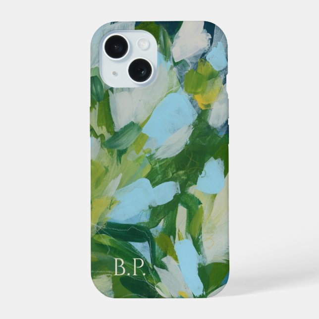 Green Abstract Art Monogram Custom Name iPhone 15 Case (Back)