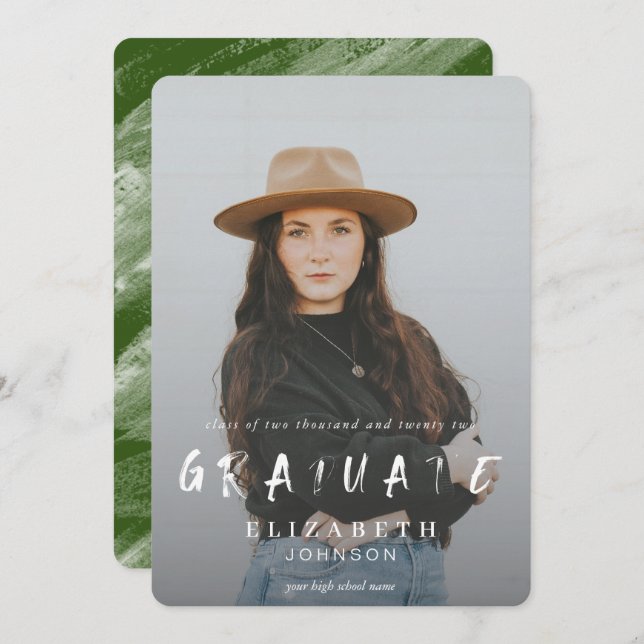 Green Abstract Brushstrokes Photo Graduation Announcement (Front/Back)