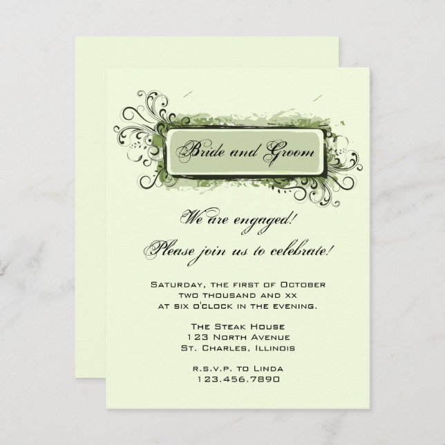 Green Abstract Floral Engagement Party Invitation (Front/Back)