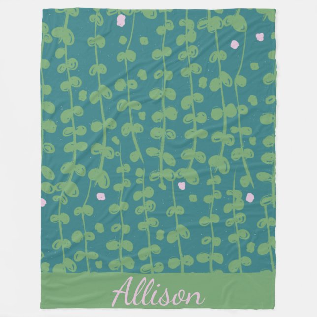 Green Abstract Floral Vines Pattern Personalised Fleece Blanket (Front)