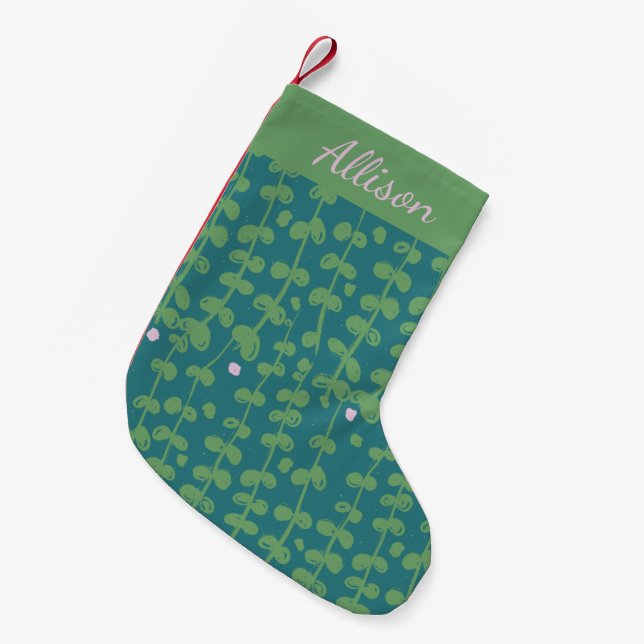 Green Abstract Floral Vines Pattern Personalised Small Christmas Stocking (Front (Hanging))
