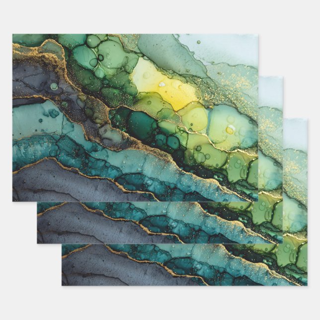 Green Abstract Fluid Art Wrapping Paper Sheet (Set)