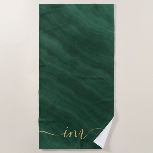 Green Abstract Marble with Custom Initials Beach Towel (Front)