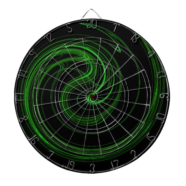 Green Abstract Spiral Fractal on Black Dart Board (Front)