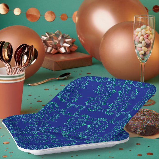 Green abstract vines blue pattern paper plate (Multi)