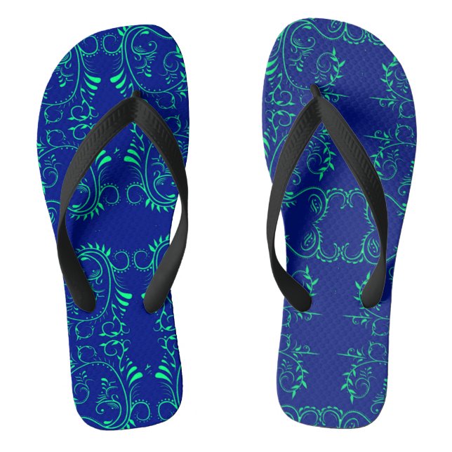 Green abstract vines blue pattern thongs (Footbed)