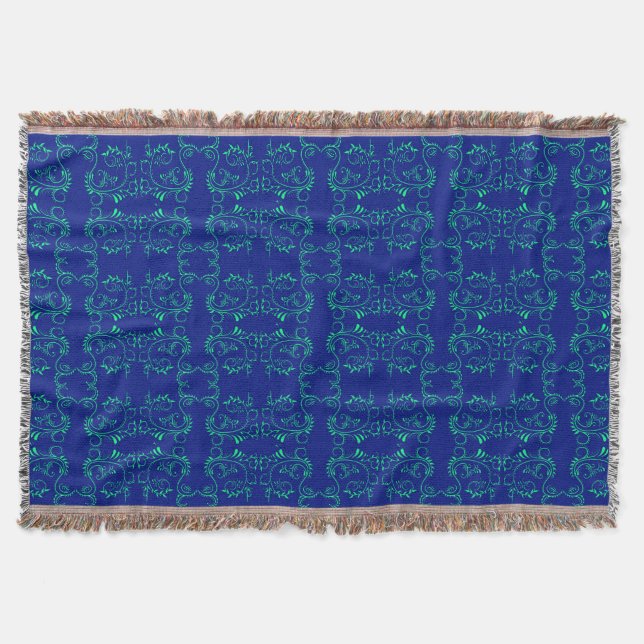 Green abstract vines blue pattern throw blanket (Front)
