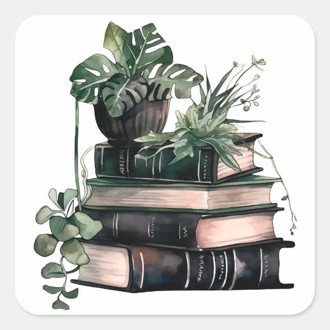 Green academia books and plants square sticker (Front)