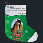 Green ADD YOUR HORSE Photo and Name Dear Santa Large Christmas Stocking<br><div class="desc">An Ombre Green background with snowflakes and an Oval frame for your Horse's Photo, with a ribbon tied candy cane bough at the bottom - This Christmas stocking has this message written in childlike hand writing: Dear Santa, I have been a good little horse. Please fill my stocking with horsey...</div>