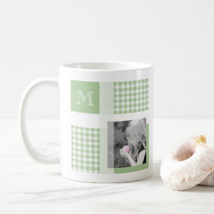 Green Add Your Photo Gingham Modern Monogram Coffee Mug