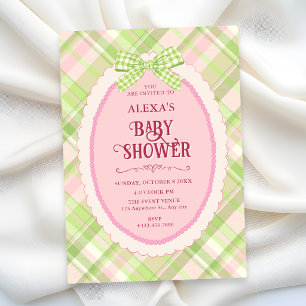 Green adorable gingham bow baby shower invitation