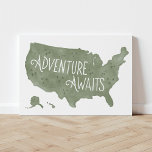 Green Adventure Awaits US Map Kids Room Decor Faux Canvas Print<br><div class="desc">This hand-lettered watercolor "Adventure Awaits" US map is perfect for little explorers and big explorers alike! The map is a great finishing touch for adventure,  outdoors,  or travel themed rooms.</div>