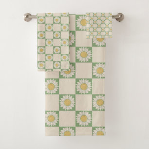Green Aesthetic Chequered Sunflower Y2K Pattern Bath Towel Set