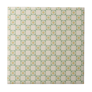 Green Aesthetic Chequered Sunflower Y2K Pattern Ceramic Tile