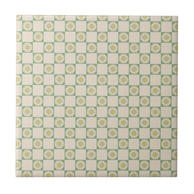Green Aesthetic Chequered Sunflower Y2K Pattern Ceramic Tile (Front)