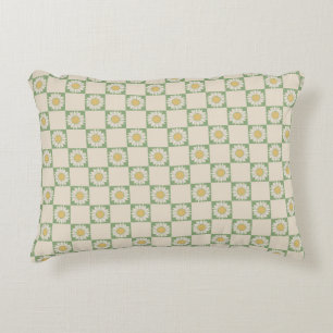 Green Aesthetic Chequered Sunflower Y2K Pattern Decorative Cushion