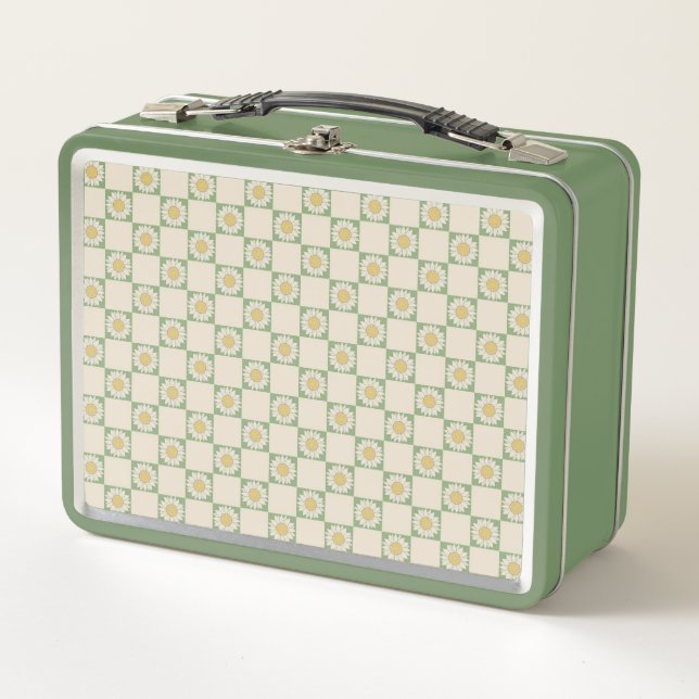 Green Aesthetic Chequered Sunflower Y2K Pattern Metal Lunch Box (Front)