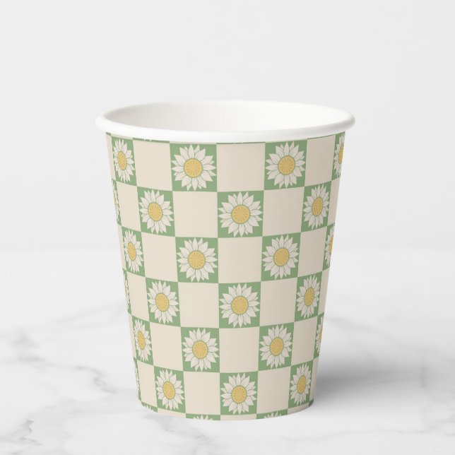 Green Aesthetic Chequered Sunflower Y2K Pattern Paper Cups (Front)